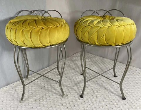 2 Vanity Chair Stools Gold Metal Boudoir Hollywood Regency Mid-Century Vintage Cover