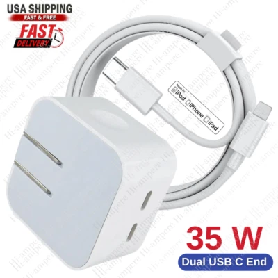 PD 35W Dual USB C Fast Charger Power Adapter Type C Cable For iPhone 14/13/12/11 - Image 1 of 4