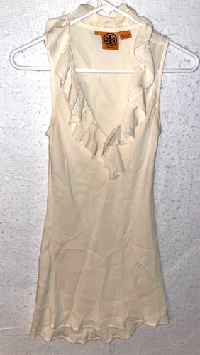 Top smanicato Tory Burch trasparente 100% seta con dettagli volant panna taglia 2