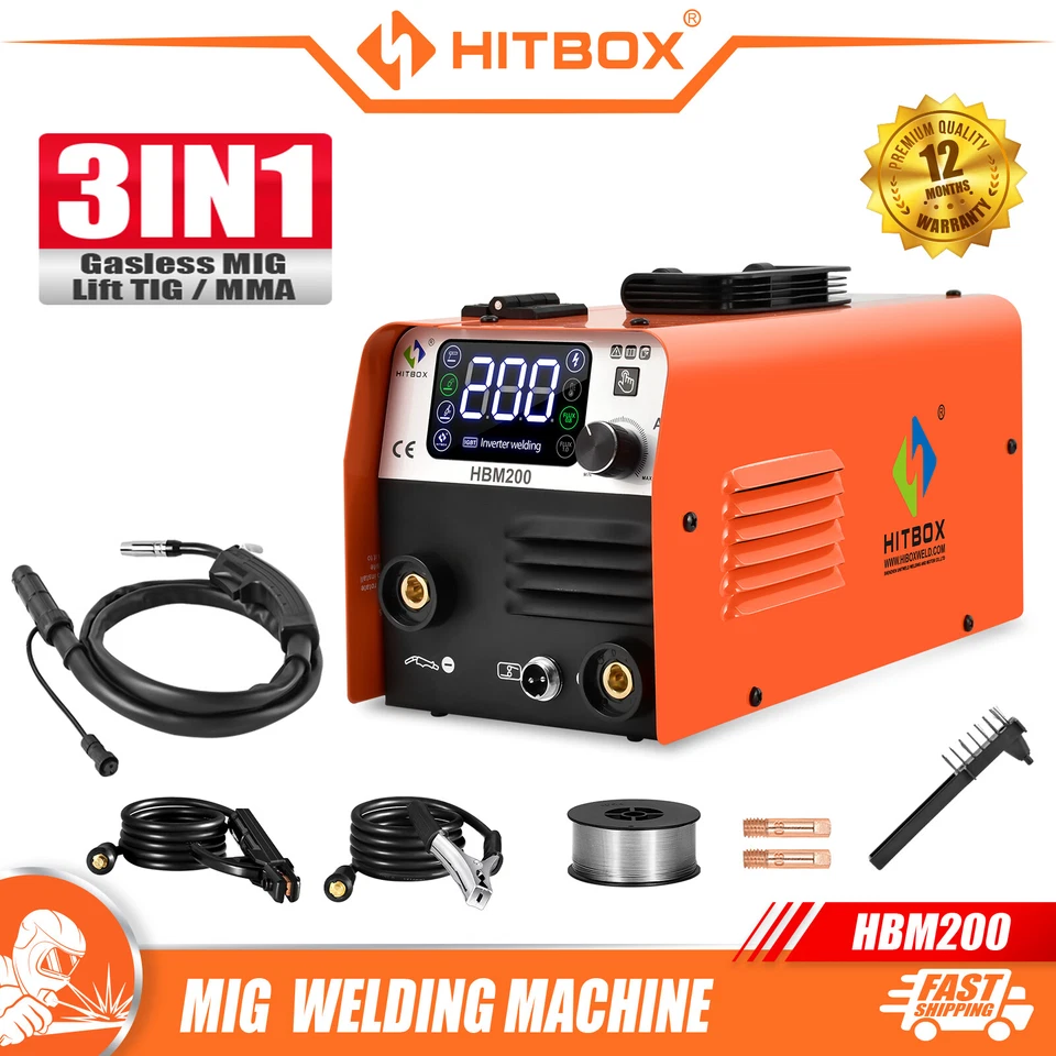 HITBOX 110V 3 IN 1 200A MIG Welder ARC LIFT TIG MIG Gasless Welding Machine DIY