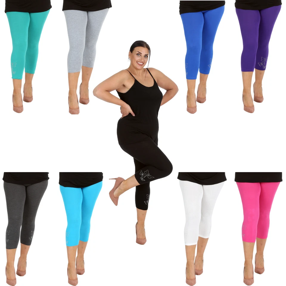 Nouvelle Plus Size Womens Stylish Cropped Leggings Butterfly Foil Studs on Cuffs - Image 1 of 1