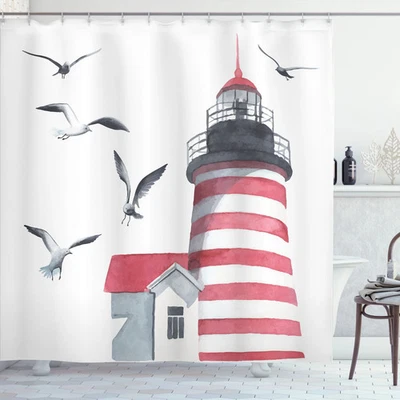 Abakuhaus, Leuchtturm Duschvorhang, Seagulls Strand Meer, 175 cm x 180 cm - Bild 1 von 4