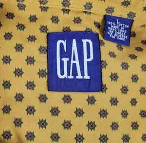 VTG 90s Y2K GAP Mustard Geometric Pattern Short Sleeve Shirt Sz L Hong Kong - Picture 1 of 5
