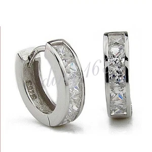 Genuine 925 Sterling Silver 13mm/0.5inch 3.25mm Wide Small Crystal Hoop Earrings - Picture 1 of 3