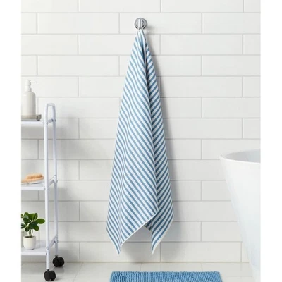 Pair of Blue White Stripe Bath Towel Cotton Blend Quick Dry Soft Absorbent - Image 1 of 4