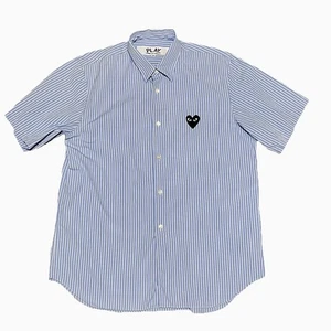 Comme des Garçons PLAY Black Heart Shirt Sz M Blue Striped Short Sleeve Button - Picture 1 of 12