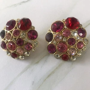 Crystal Cluster Clip Earrings w/Gold Cast Back, Shades Of Pink & Clear Stones - Picture 1 of 6