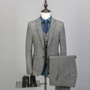 3 Piezas Gris Hombre Calce Ajustado Traje Tweed Cheque Padrino Baile de graduación Esmoquin Trajes de Boda - Imagen 1 de 12