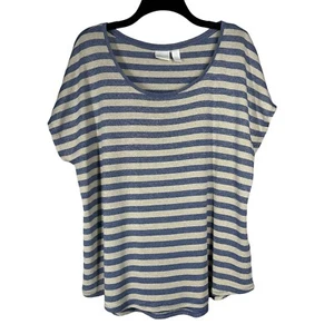 Chico’s Women’s Sz 3(XL) Blue And Cream Striped Metallic Short Sleeve Top - Picture 1 of 8