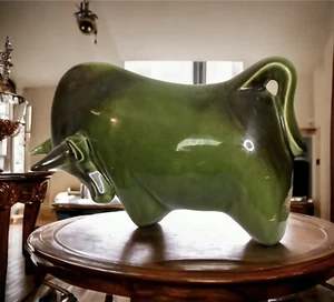 VTG Chinese Green Pottery Bull Incense Burner, Mid Century Bull Statue, Oxen - Picture 1 of 9