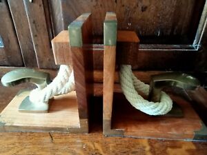 Wood / Brass Nautical Ship Bookends Set - Wooden Home Office Decor Table. 