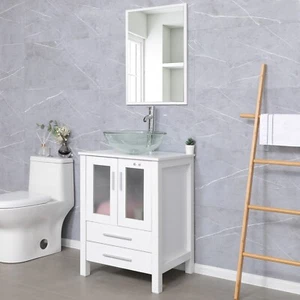24" White Bathroom Vanity Set Clear Glass Vessel Sink Faucet Combo No Mirror - Picture 1 of 10
