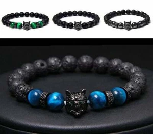 Fashion Men 8mm Natural Lava Rock Wolf Charms Bracelet Viking Wolf Soul Bracelet - Picture 1 of 22