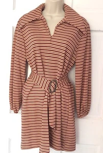 Vintage 70s Dress Encore Striped Polyester 16 Beige Burgundy Long Sleeve - Picture 1 of 11