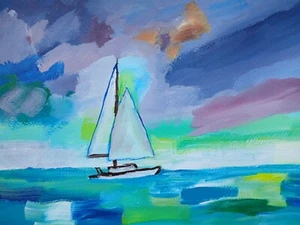 Sailboat on Cape Cod, stormy sky, glowing ocean, 11x14 acrylic art canvas - Picture 1 of 5