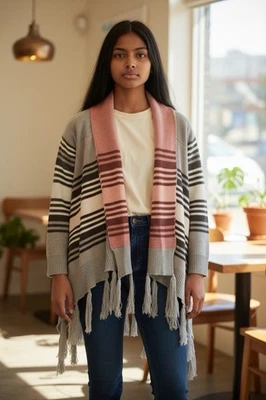 Cárdigan Manga Larga Tilt Gris Naranja Southwest Boho Flecos Talla M Foto 1 de 4