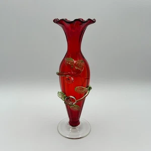 Vintage Hand Blown Glass Vase Red Flower Vine Fluted Bud Vase MCM Decor - Picture 1 of 11