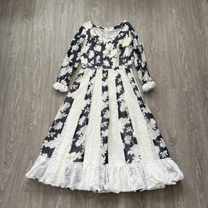 Vintage Handmade Damen Spitze Blumen Maxi Langarm Kleid Cottagecore Prairie M - Bild 1 von 8