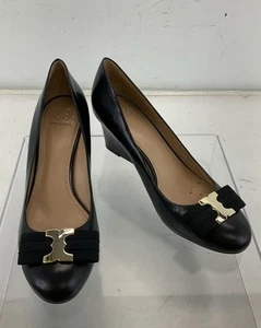 Tory Burch Black Leather Wedge Bow Pumps 10M - Picture 1 of 5