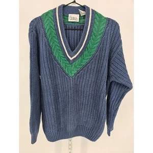 Vintage 90er Jahre Erika Damen Gr. L tiefer V-Ausschnitt Preppy Strick Pullover blau grün - Bild 1 von 5