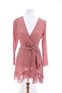 Missguided Sz 2 Wrap Front Ruffled Dot Tea Dress Belt Silky Pink Brown xs NWT - Picture 1 of 8
