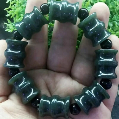 Pulsera bambú jade hetiano 100% natural certificado 15mmX19mm cian negro AAA Foto 1 de 4