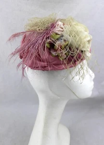 VINTAGE Pink Floral Flower Feather Mesh Netting Garden Skull Saucer Cap Hat - Picture 1 of 8