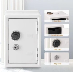 Mini Metal Coin Bank Locker with Keys Kid Money Saving Piggy Bank Safe Box White - Picture 1 of 9