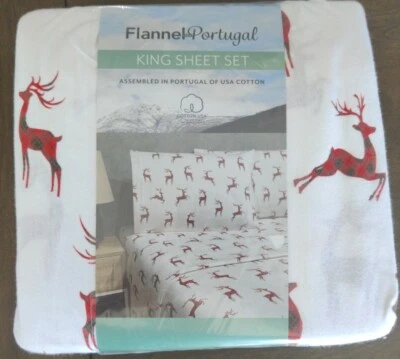 ⭐NEW⭐ Flannel from Portugal Flannel Sheet Set - Red (Plaid) Reindeer - KING 👀👀 - Image 1 of 4