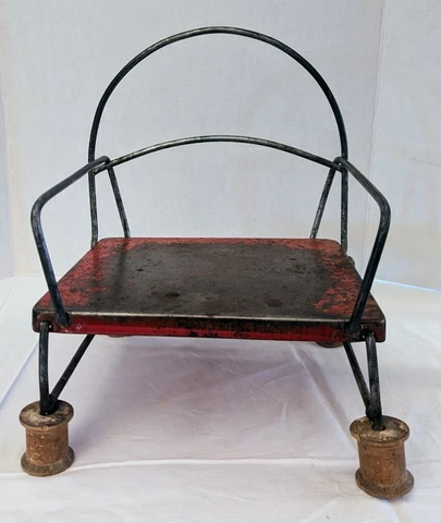Vintage metal folding child's booster seat, red seat Cover