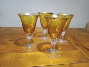 4 Extra Large Amber Yellow Blown Glass Goblets - Picture 1 of 5