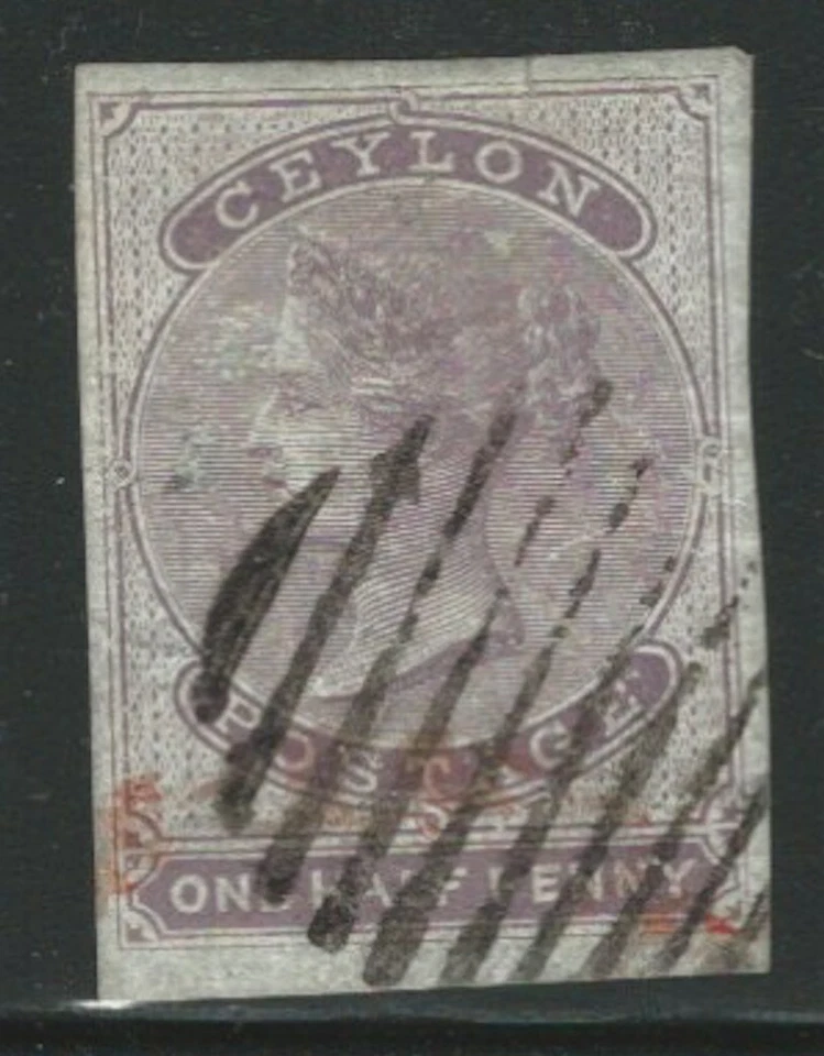 Ceilán, 1857, Scott #15, 1/2p lila sobre papel azulado, usado, 4 márgenes Foto 1 de 1
