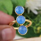Handmade 18k Gold Plated 925 Silver Blue Chalcedony Engagement Ring Jewelry