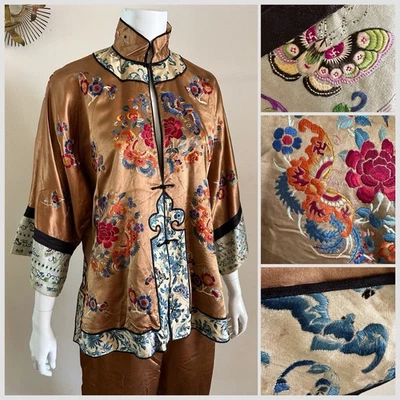 1930s Chinese Silk Satin Embroidered Robe Dress Pant Moth Bats Whirling Log VTG - Image 1 of 4