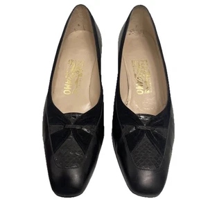 VTG Salvator Ferragamo Black Leather Snake Heel Pumps Size 9B - Picture 1 of 7