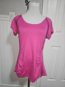Spanx Top Athletic Womens Large Shirt Pink Fuchsia Short Sleeve Rouged Ruffle - Picture 1 of 8