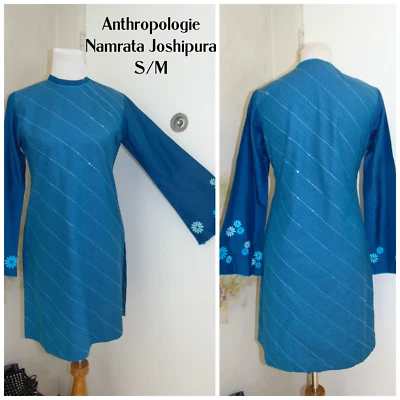 Anthropologie Namrata Joshipura 女式蓝色长衫刺绣花朵连衣裙 S/M — 第 1/4 张图片