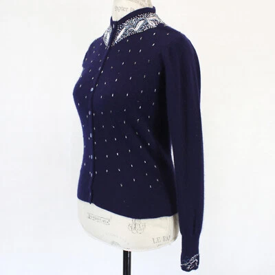 Suéter Teribus 100% Cachemira Vintage Años 50 Cuentas a Mano Azul Marino Mediano Escocia Foto 1 de 4