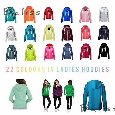 Ladies Womens Plain Zip Up Hoodie Sweatshirt Fleece Jacket Hooded Top UK 8 To 22 • 9.16€