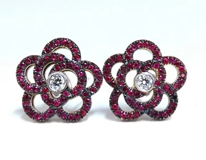 1.58ct Natural Ruby Diamonds Cluster Clip Earrings 14 Karat Gold Flower - Picture 1 of 5
