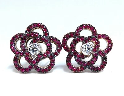 1.58ct Natural Ruby Diamonds Cluster Clip Earrings 14 Karat Gold Flower - Image 1 of 4