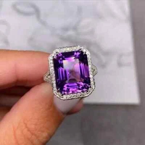 3CT Emerald Cut Lab-Created Amethyst Halo Engagement Ring 14K White Gold Plated - Picture 1 of 5