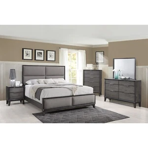 5Pc Gray Transitional Style Queen Bed Dresser Mirror Nightstand Furniture Set - Picture 1 of 6