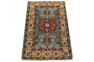 Kazak Rug 2’9” x 4′ Blue Wool Tribal Hand-Knotted Oriental Carpet - Picture 1 of 8