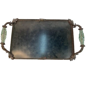 Antique Palecek Rectangular Metal Tray With Glass Handles & Leaf Detailing - Picture 1 of 6