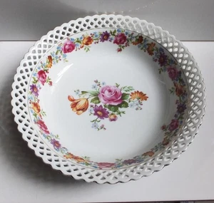 Antique Porcelain Bowl with pierced border: Prints of Flowers: Bavarian. - Picture 1 of 6