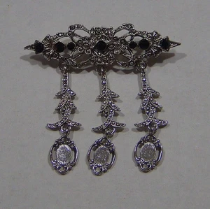 VTG Black Rhinestone Brooch Edwardian Style Fringe Dangler Marcasite Look Pin - Picture 1 of 2