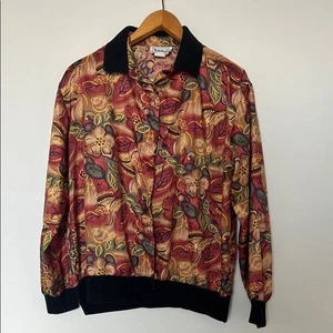 Vintage Notations Floral Satin Bomber Jacket Black Trim Fits Like Medium - Picture 1 of 4