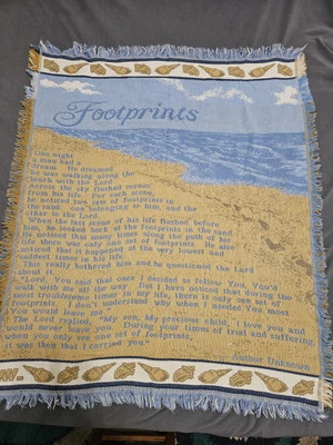Footprints in the Sand Throw Blanket Tapestry Poem Nautical Beach 53'x44’ USA  - Image 1 of 4