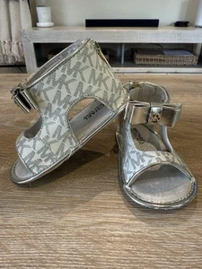 Baby Toddler Size 4 Michael Kors White Silver Sandals with Ankle Strap and Bow - Picture 1 of 7